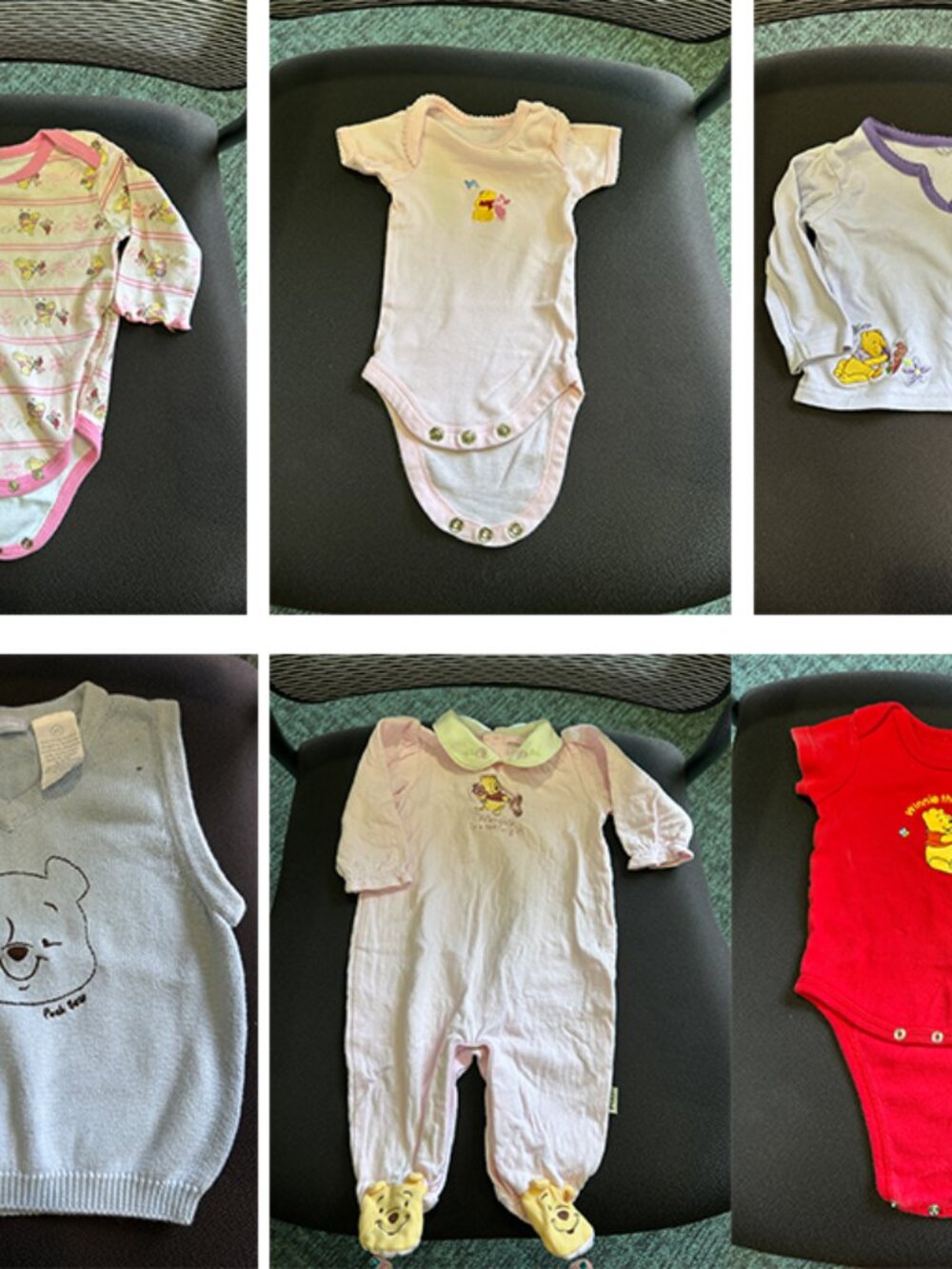 (6) Pooh Baby Clothes -- unsure of sizes other than blue sweater is 2T